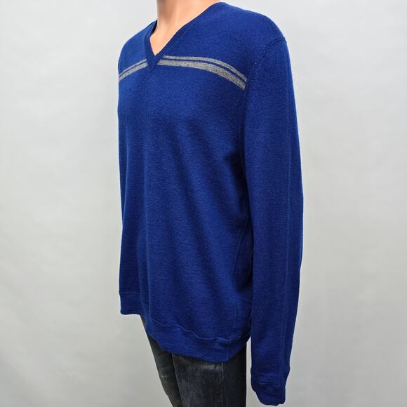 Banana Republic Wool Sweater V-neck Men XL Blue Gray Striped 100% Wool - Picture 4 of 10